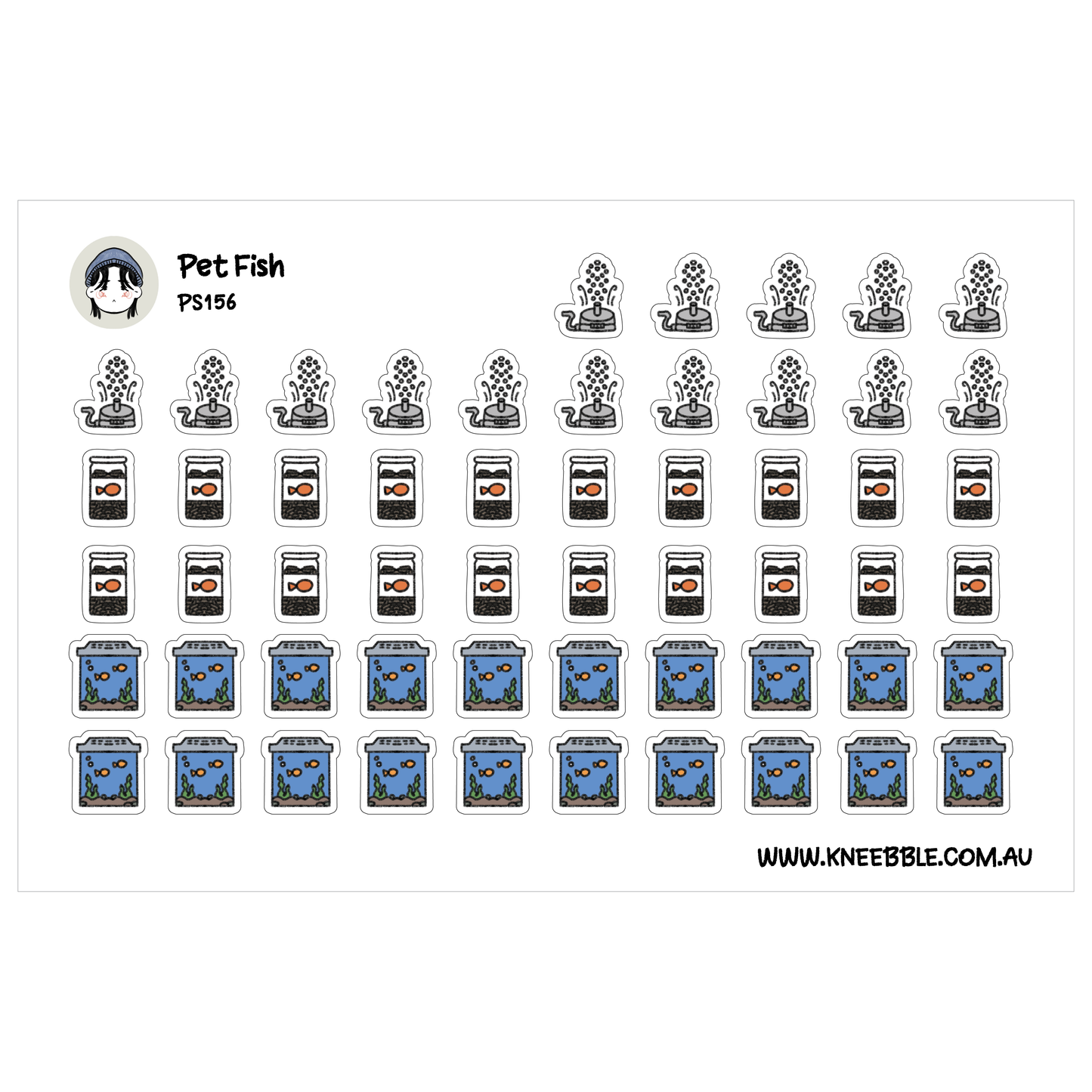 a collection of various pet-related icons and illustrations, including fish, aquariums, and other aquatic elements.