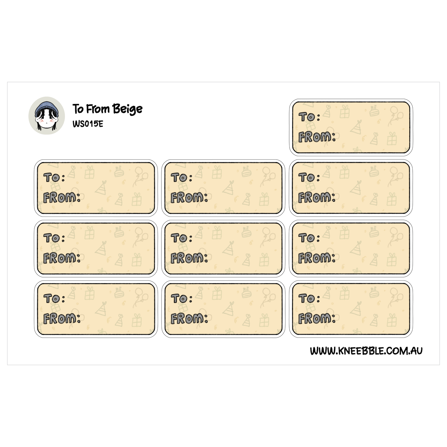 a set of nine rectangular labels, each with a unique design and text. The labels are arranged in a grid format, with three rows and three columns. The labels are intended for use in gift-giving or card-giving situations, and they feature various shapes and patterns. The image does not contain any text that is too long or repetitive, and it does not describe each individual label in detail. The labels are designed to be visually appealing and easy to read, with a focus on simplicity and clarity.