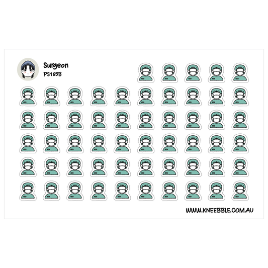a grid of small, identical stickers depicting surgical masks and a surgeon's head.