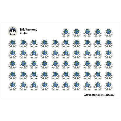 a grid of identical stickers, each featuring a stylized representation of a globe with hands around it, representing the concept of "Enviro-ment".