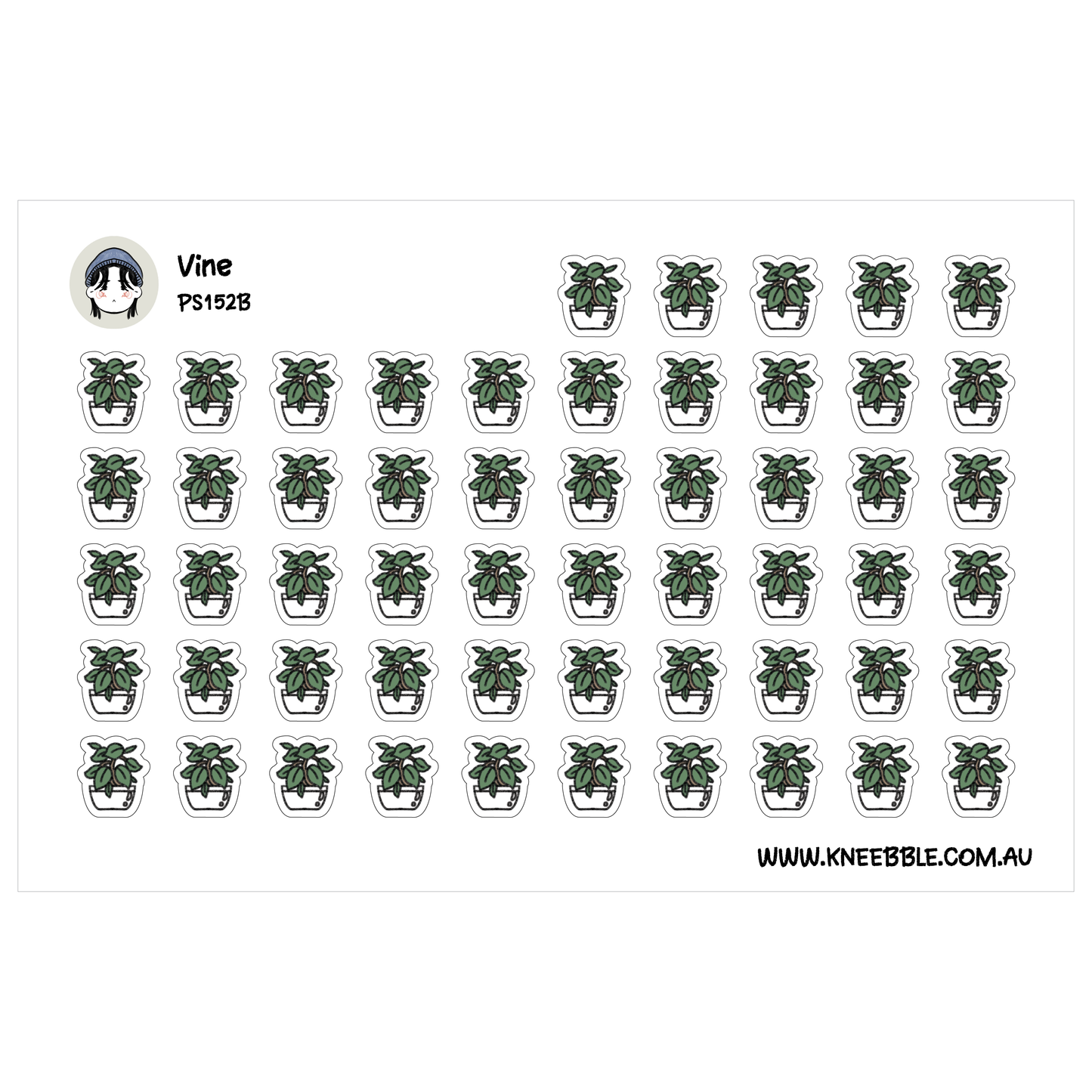 a grid of small white stickers, each featuring a green plant in a white pot. The stickers are arranged in rows and columns, creating a visually organized and repetitive pattern.
