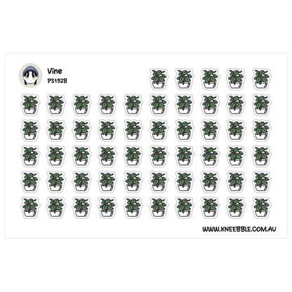 a grid of small white stickers, each featuring a green plant in a white pot. The stickers are arranged in rows and columns, creating a visually organized and repetitive pattern.