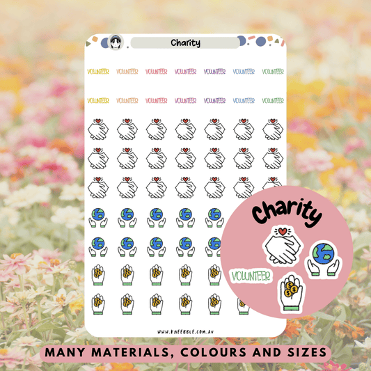 A set of charity-themed planner stickers including icons for donations, fundraisers, and social impact activities.