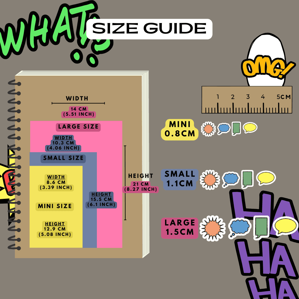 Chat bubble text icon stickers size guide comparison reference, choose from mini, small and large sizes.