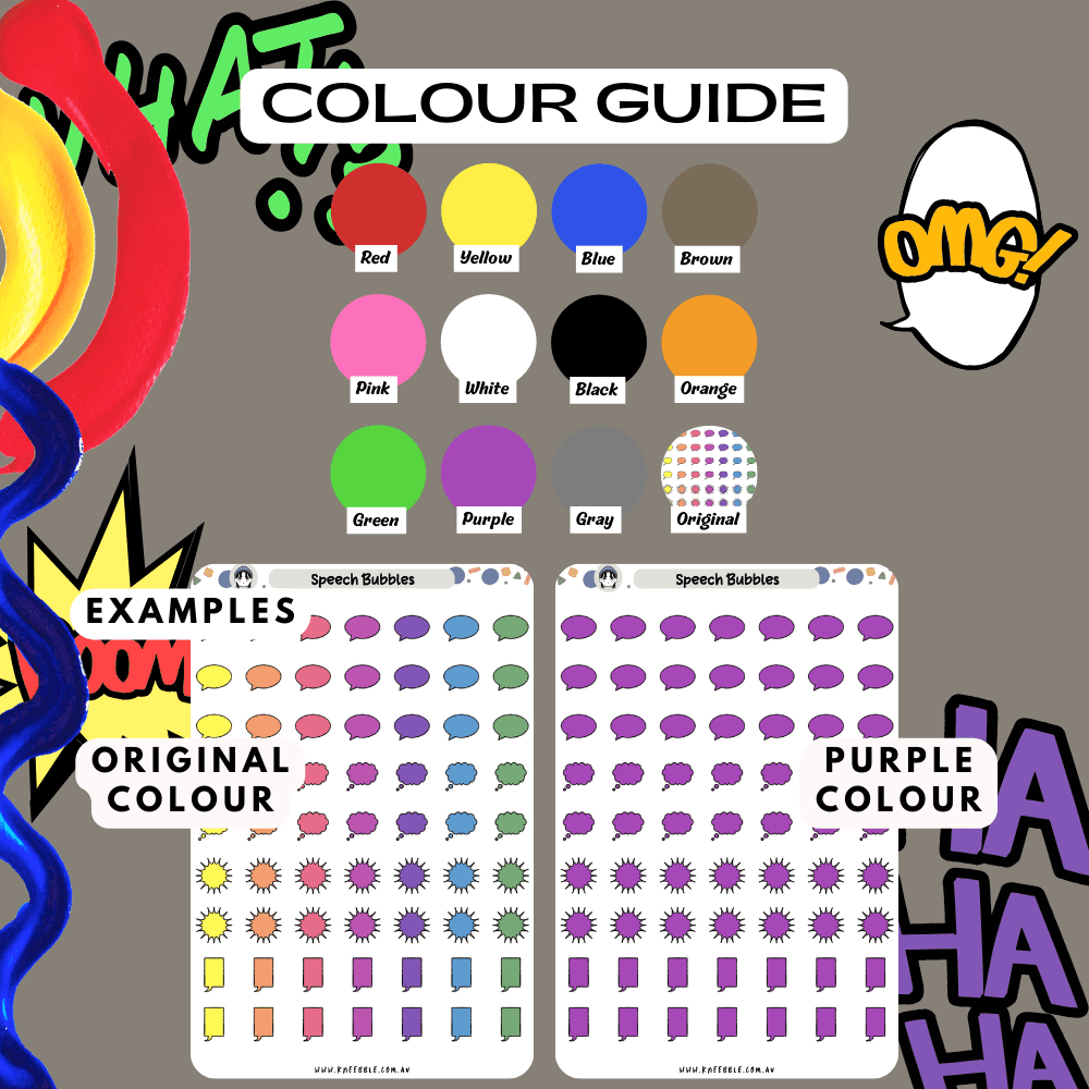 Chat comic sticker sheet colour guide reference, choose from many colours such as red and purple.