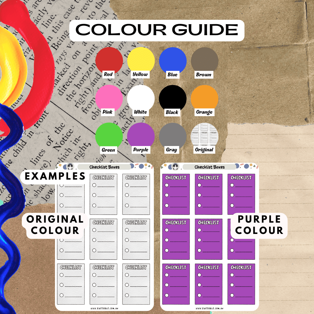 Checklist to do boxes planner sticker sheet colour guide reference, can choose from many colours such as purple and red.