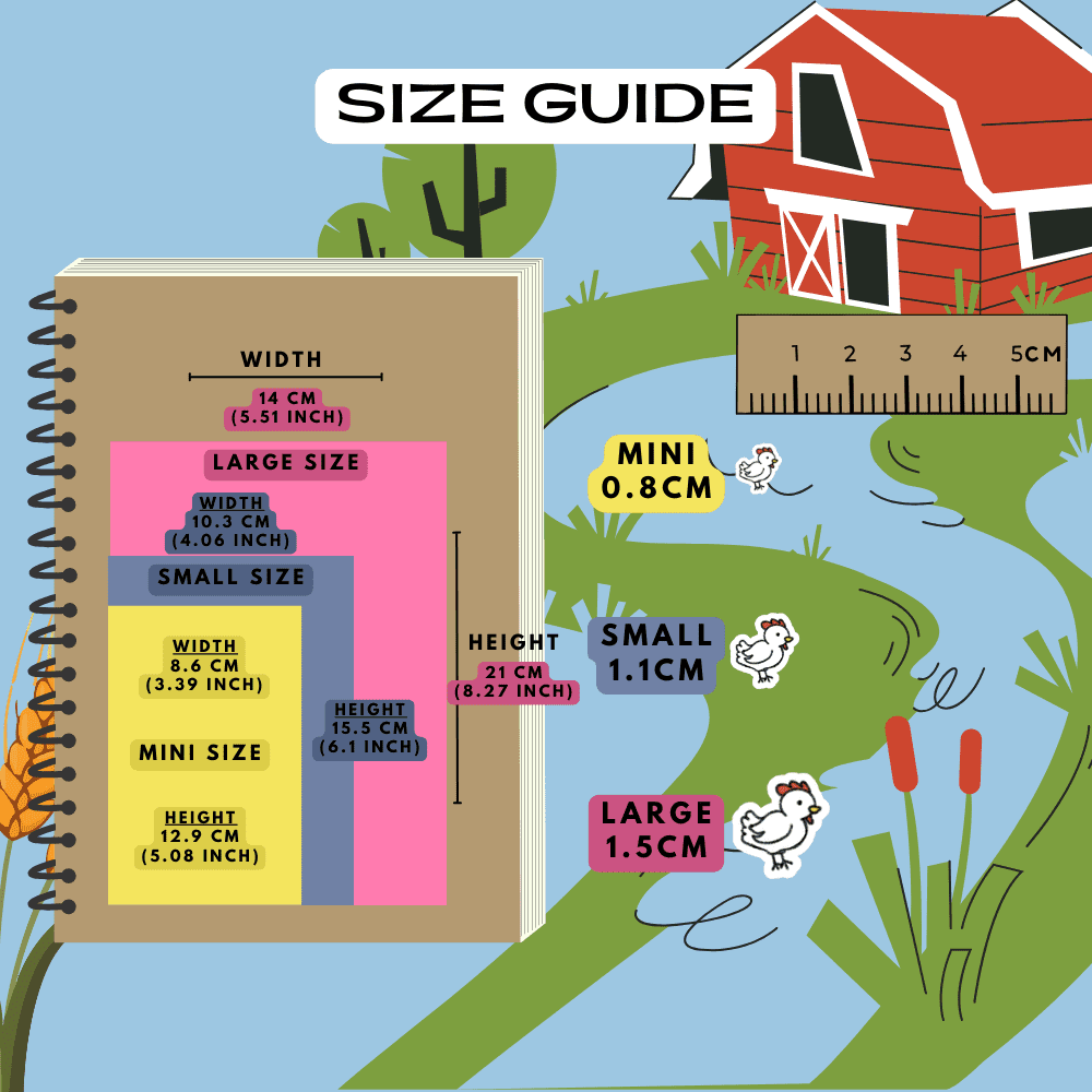 Chicken farm planner stickers size guide comparison reference sheet.