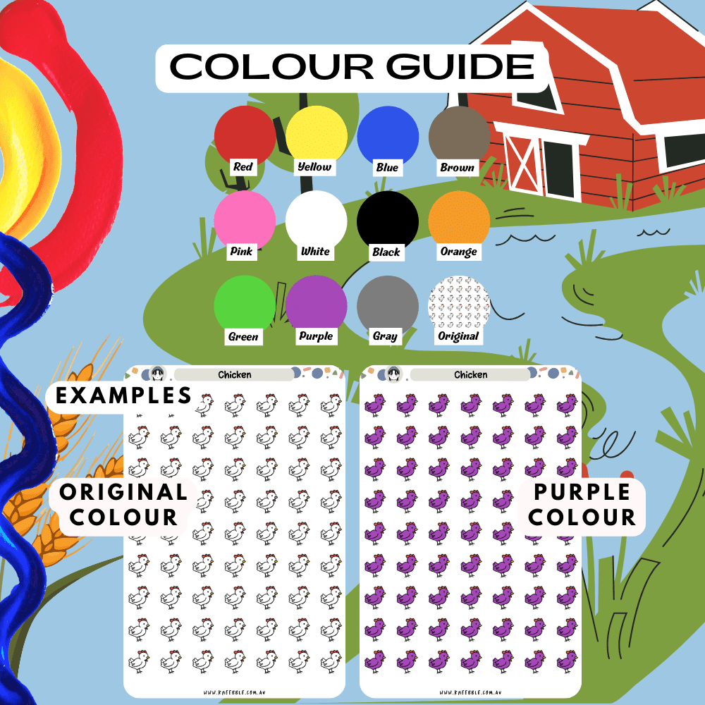 Chicken animal planner sticker sheet colour guide reference, choose from many colours such as purple and red.