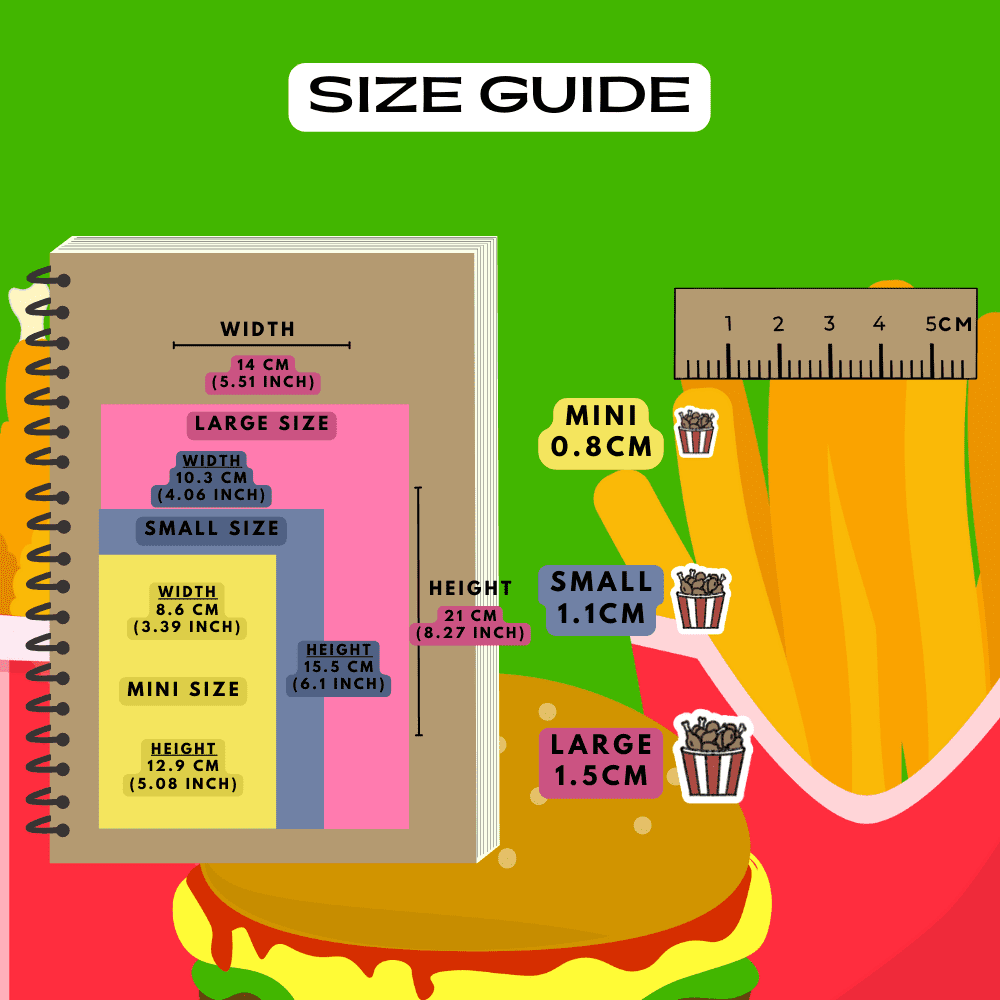 Fried chicken bucket icon stickers size guide comparison reference, choose from mini, small and large sizes.