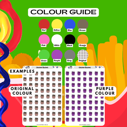 Fried chicken bucket sticker sheet colour guide, choose from many colours such as red and purple.