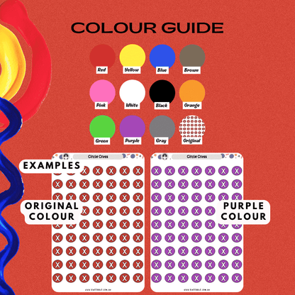 Circle cross icon sticker sheet colour guide option including red and other colours.