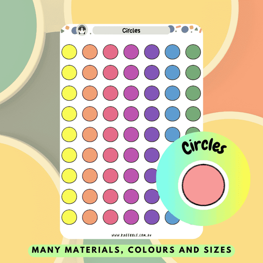 Circle dot planner stickers in various colors, ideal for marking dates or organizing tasks.