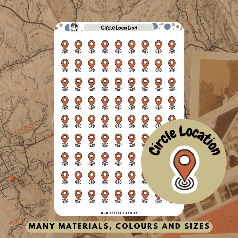 Red circle area travel map location stickers great for journeys in scrapbooks and diaries.