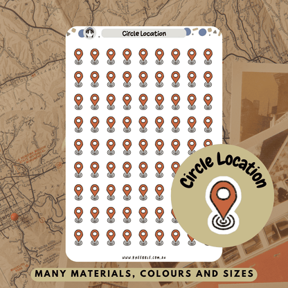 Red circle area travel map location stickers great for journeys in scrapbooks and diaries.