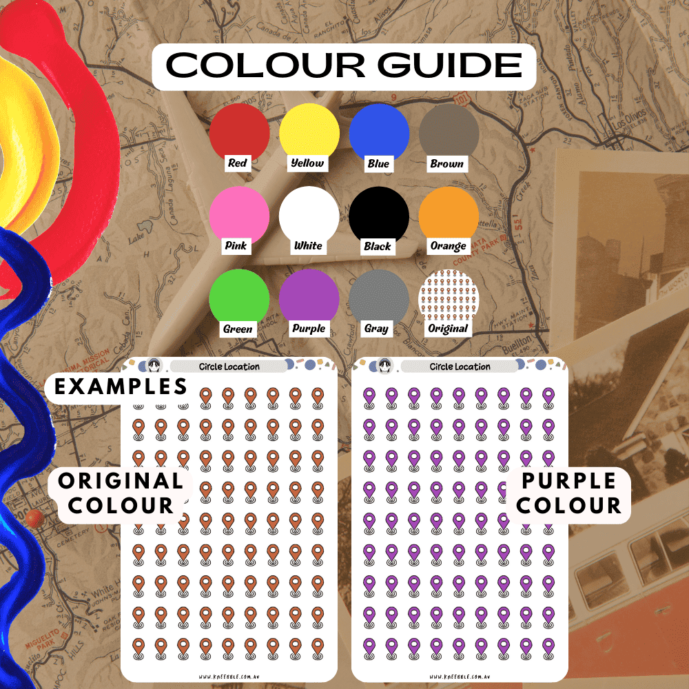 Red circle location planner sticker sheet colour guide including red and purple colour options.