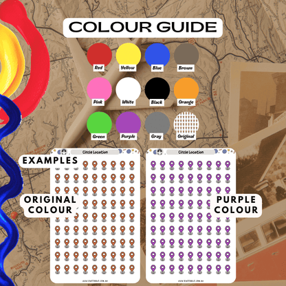 Red circle location planner sticker sheet colour guide including red and purple colour options.