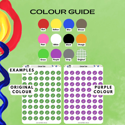 Colour guide option for green circle tick stickers, choose from different colour options.