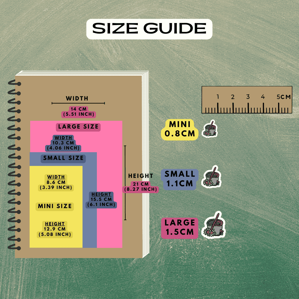 Cleaning bucket mop sticker icons size guide comparison reference.