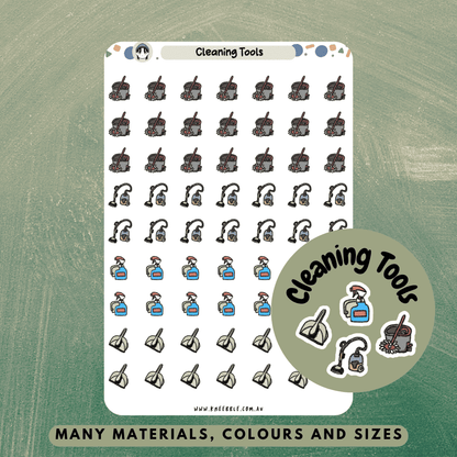 Cleaning household planner sticker icons great for home cleaning duties, task organisers and keeping your house clean and tidy! Features a dust pan, spray bottle, mop bucket and vacuum cleaner.