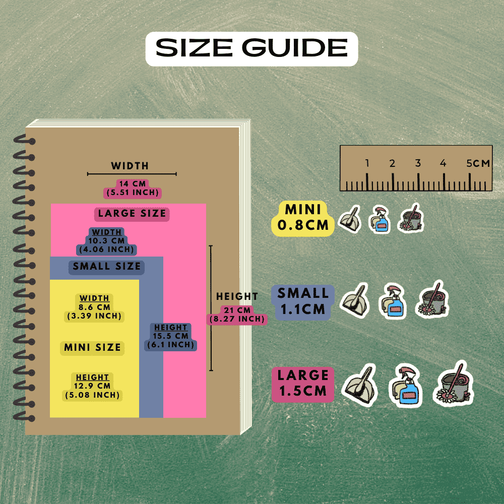 Cleaning tool icon stickers size guide comparison reference sheet.