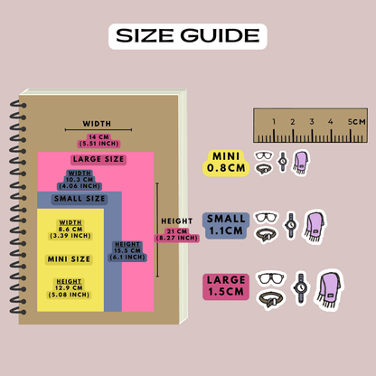 Clothing wardrobe capsule sticker icon size guide reference, choose from mini, small and large sizes.