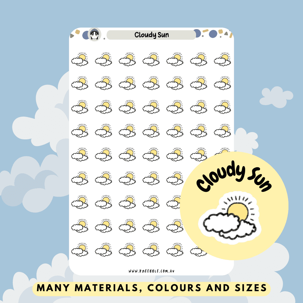 Stickers featuring a sun partially obscured by clouds, representing partly cloudy weather, perfect for adding a balanced weather element to planners and journals.