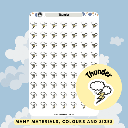 Stickers featuring thunder and lightning designs, including lightning bolts and storm clouds, perfect for depicting stormy weather conditions or adding a dramatic touch to planners and journals.