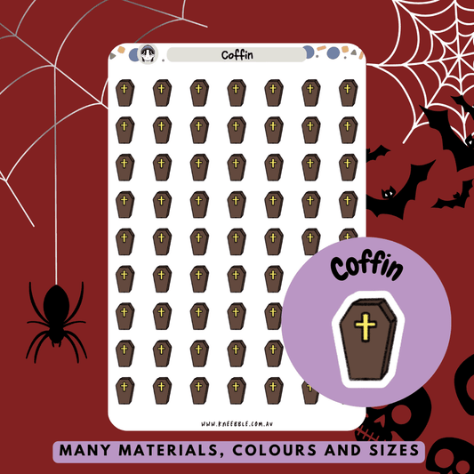 Stickers featuring coffin designs, often with gothic or spooky elements, perfect for adding a dark and eerie touch to Halloween-themed planners and journals.