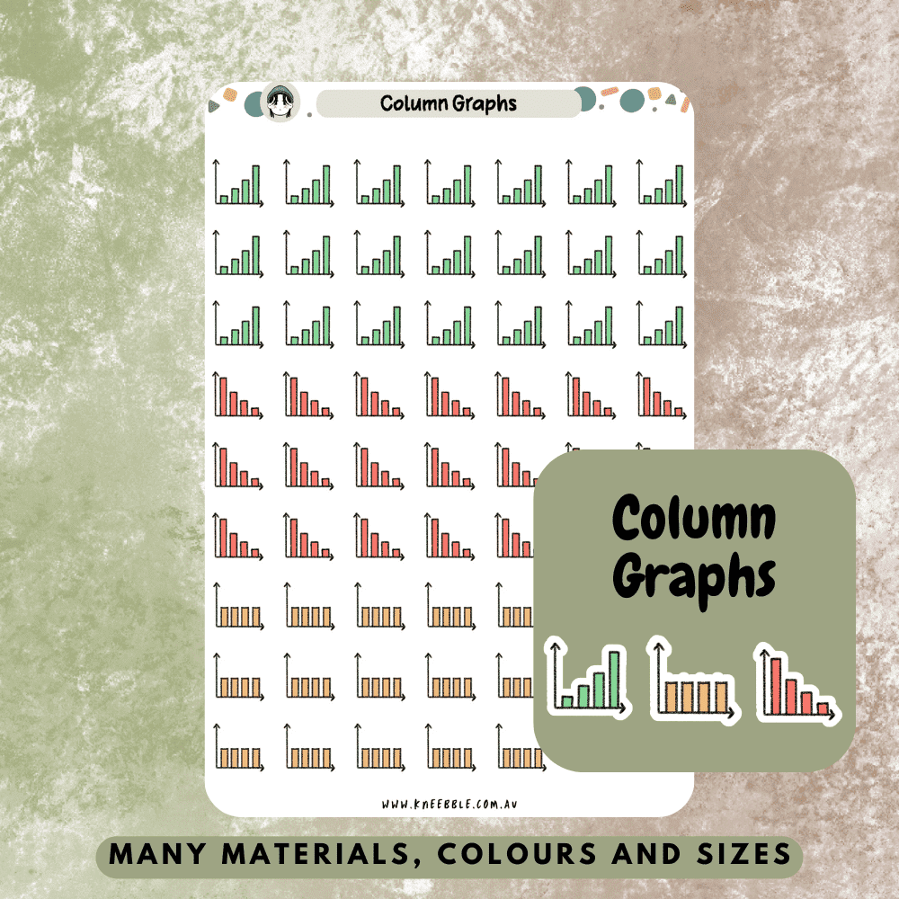 Column graph sticker sheet featuring negative, neutral and positive charts, great for business reporting, budgeting and keeping track of your goals for success.