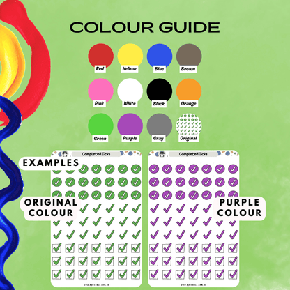 Colour guide for the complete ticks mark planner stickers, including green and other colours.