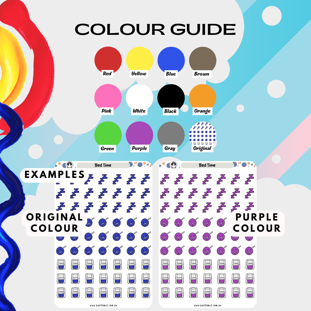 Sleep sticker sheet colour guide including blue and other colours like purple, yellow and red.