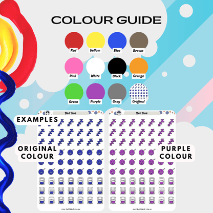 Sleep sticker sheet colour guide including blue and other colours like purple, yellow and red.