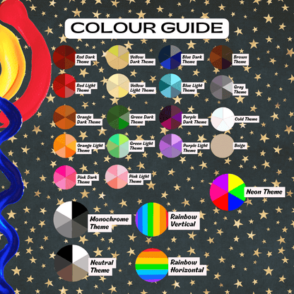 Colour guide for star stickers including a variety of themes such as rainbow and monochrome options.