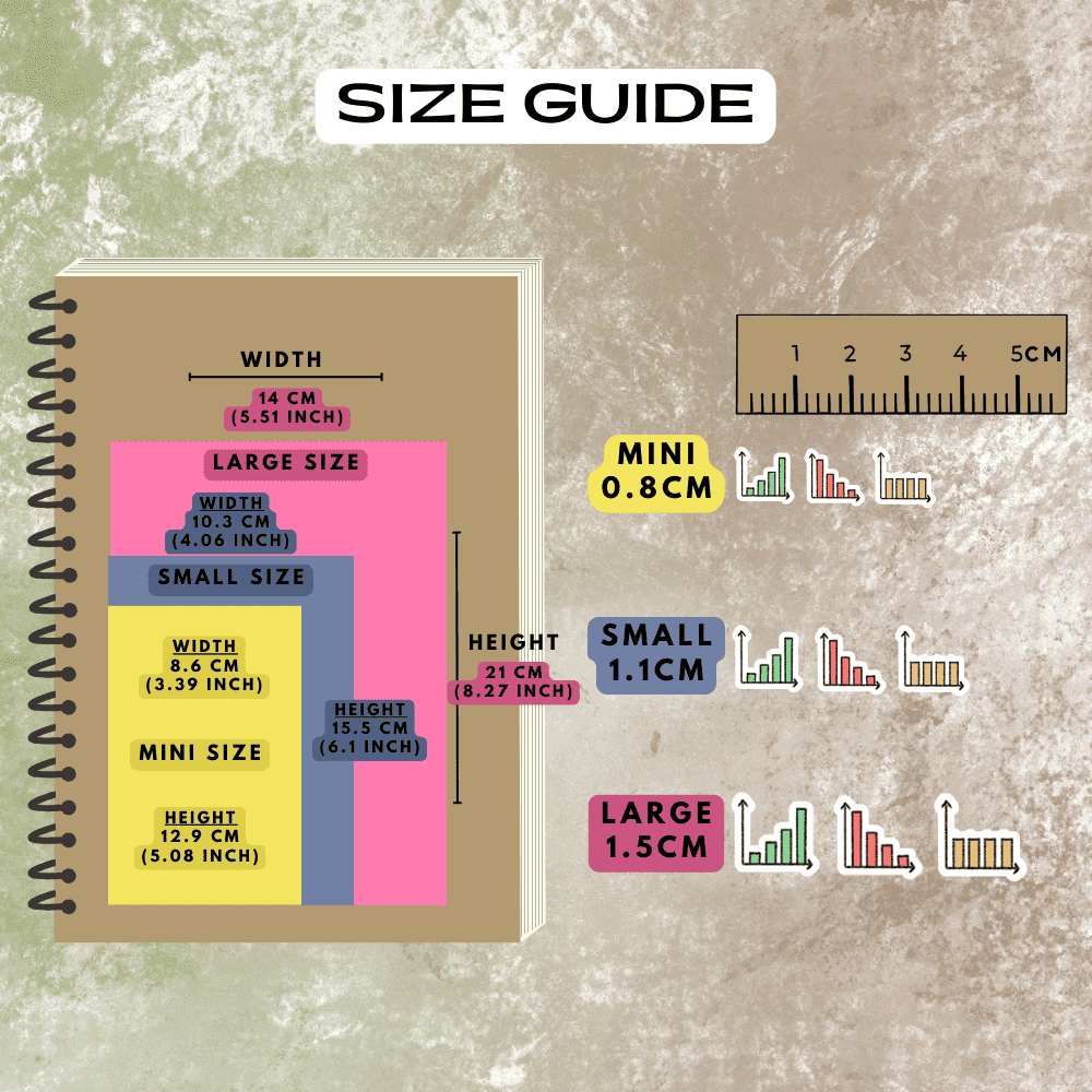 Column graph icon stickers size guide comparison reference sheet.