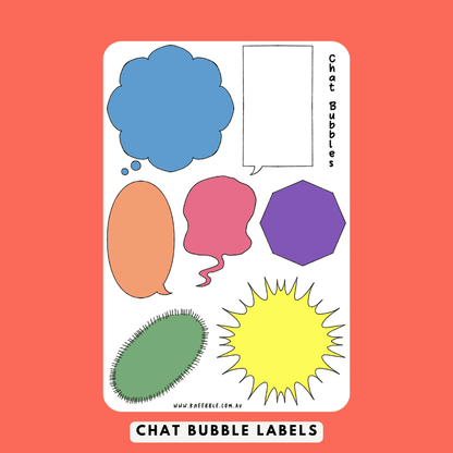 Stickers featuring various speech bubble designs, including comic-style and conversation bubbles, ideal for adding dialogue, captions, or messages to planners and journals.