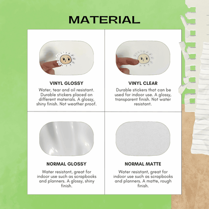 Sticker material guide for tick planner stickers including vinyl, glossy, matte and transparent styles.