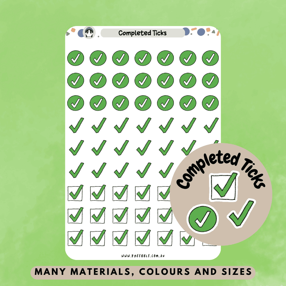 Multiple tick complete sticker styles for daily planners and journals, includes a checkbox tick, circle complete mark and simple green tick.