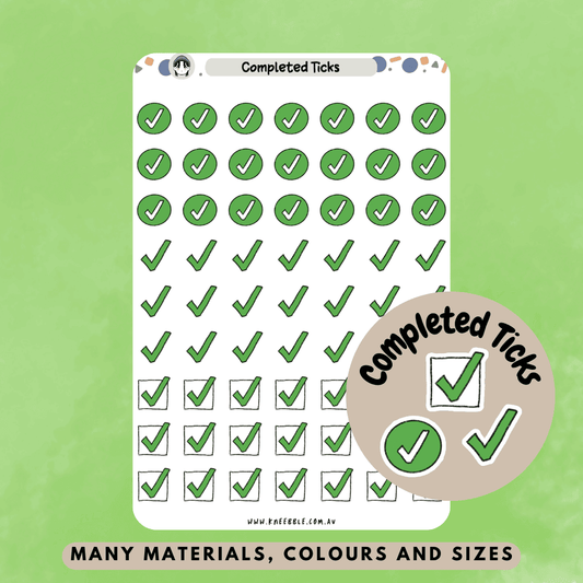 Multiple tick complete sticker styles for daily planners and journals, includes a checkbox tick, circle complete mark and simple green tick.