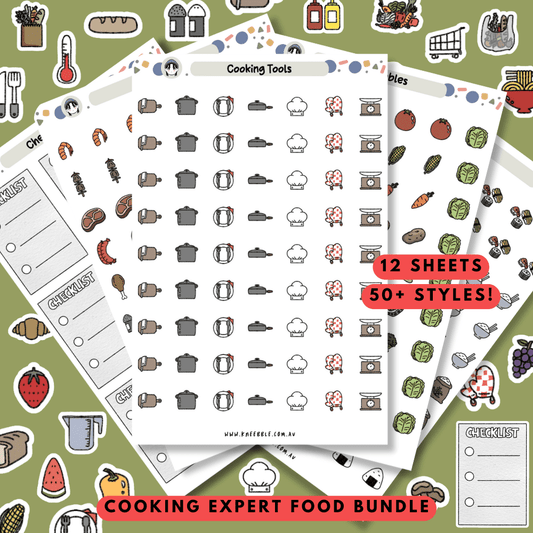 Stickers featuring cooking tools, ingredients, and culinary symbols, perfect for meal planning, recipe creation, or marking kitchen expertise in planners and journals.