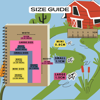 Cow farm icon stickers size guide comparison reference sheet.