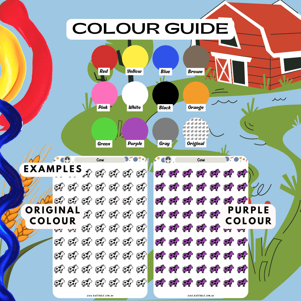 Cow farm animal sticker sheet colour guide reference, choose from many colours such as purple and red.