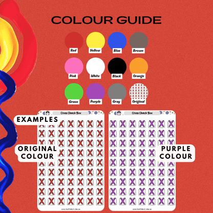 Colour guide option styles for cross check box sticker sheet including red and other colours.