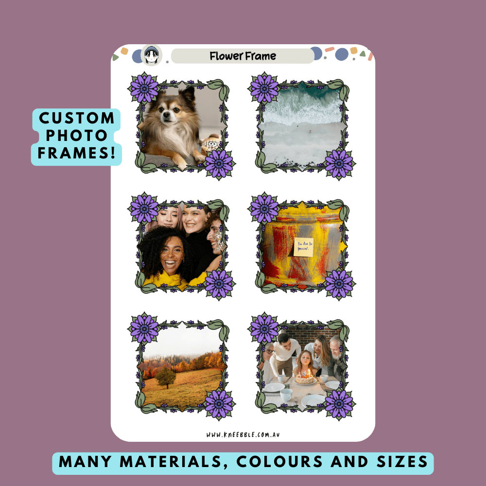 Stickers featuring custom photo borders with delicate flower vine designs, perfect for framing photos or adding a touch of nature and elegance to planners, journals, or scrapbooks.