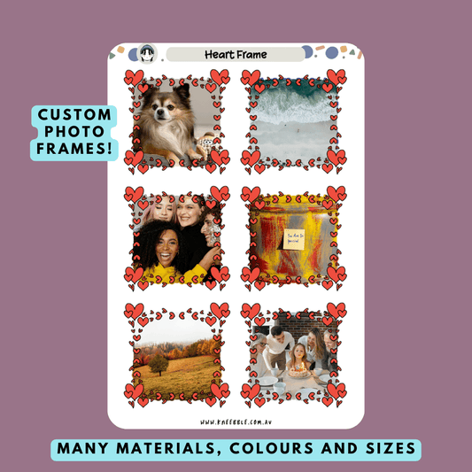 Stickers featuring love heart-shaped borders for custom photo frames, ideal for adding a romantic and heartfelt touch to photos in planners, journals, or scrapbooks.