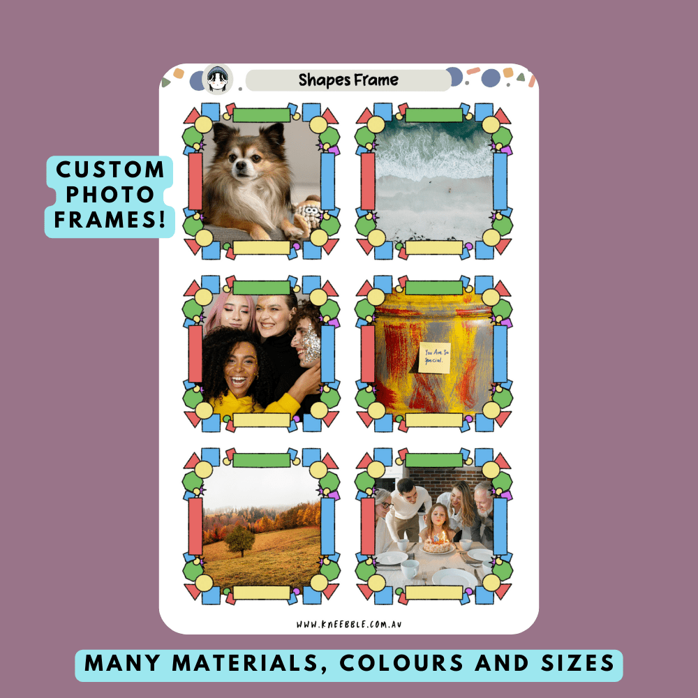 Stickers featuring custom shape border frames, including various geometric and artistic designs, perfect for framing photos and adding a unique and creative touch to planners, journals, or scrapbooks.