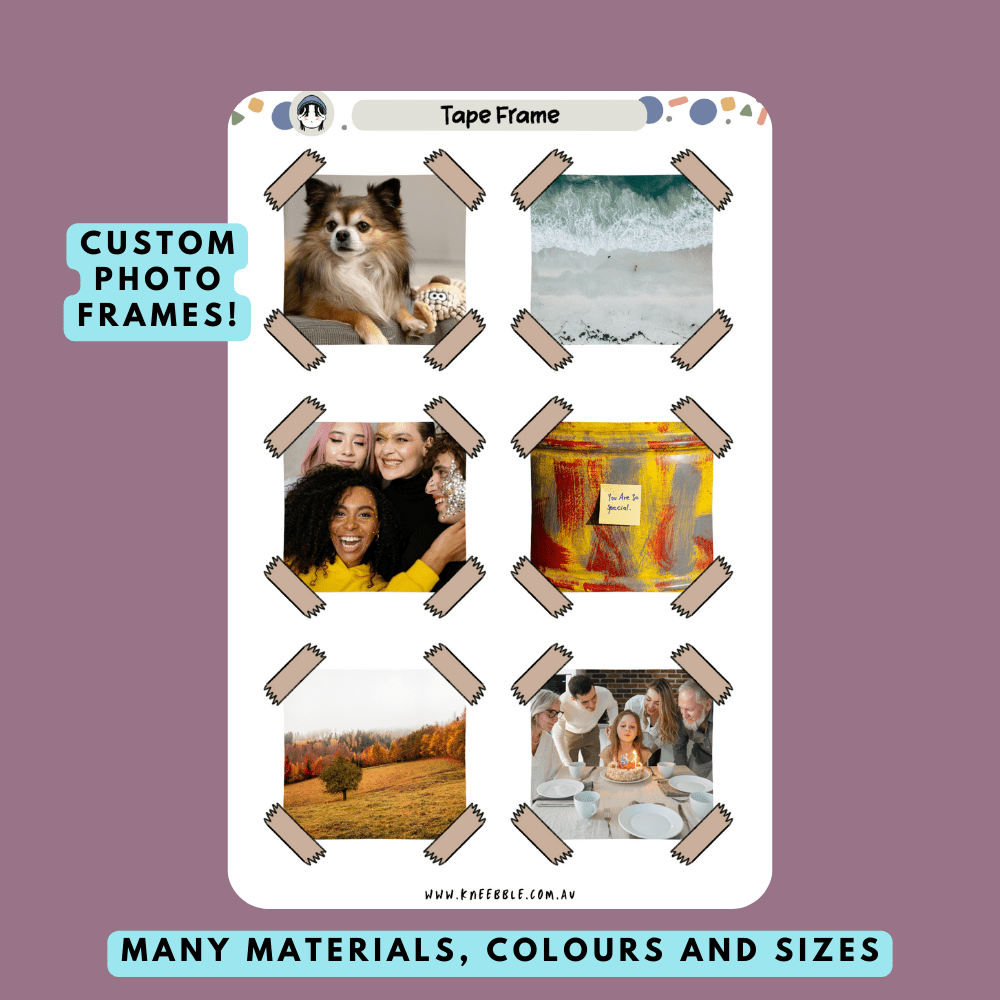 Stickers featuring sticky tape frame borders, designed to mimic the look of taped photos or notes, perfect for adding a casual and creative touch to planners, journals, or scrapbooks.