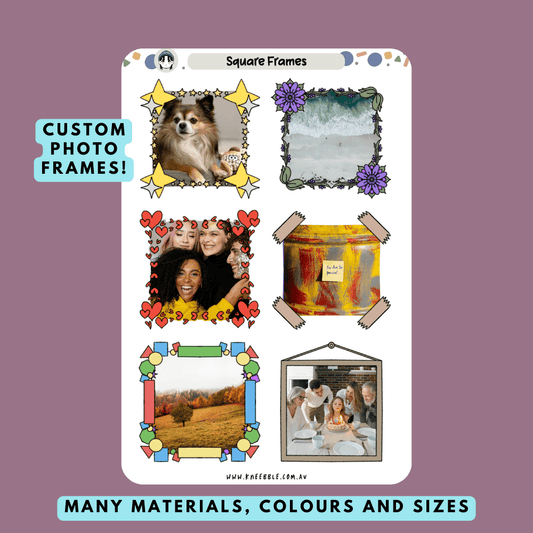 Stickers featuring customizable photo borders and frames, ideal for adding personal photos to planners, scrapbooks, or journals with a decorative touch.