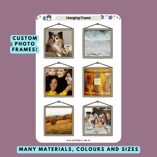 Stickers featuring hanging photo frame borders, designed to look like photos suspended by strings or clips, perfect for adding a charming and whimsical touch to planners, journals, or scrapbooks.