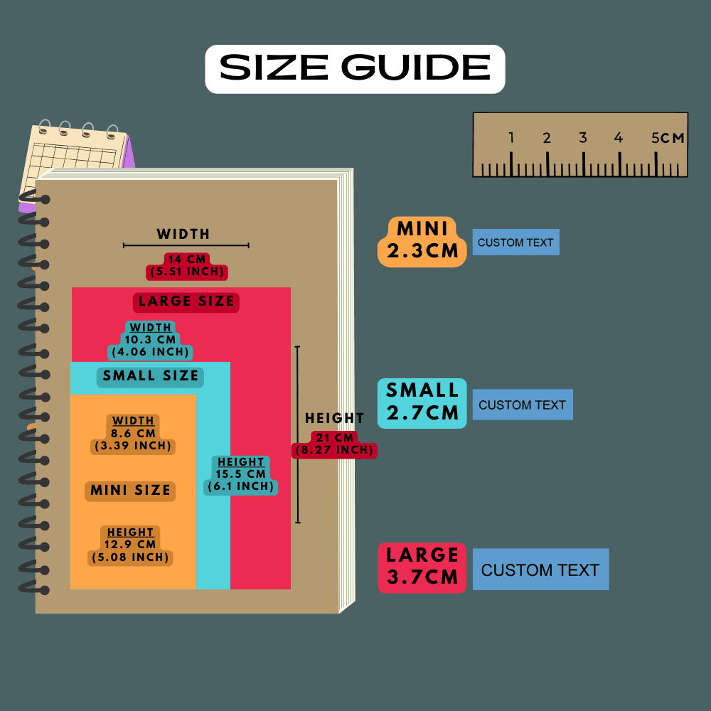 Custom text planner stickers size guide comparison reference, choose from mini, small and large sizes.