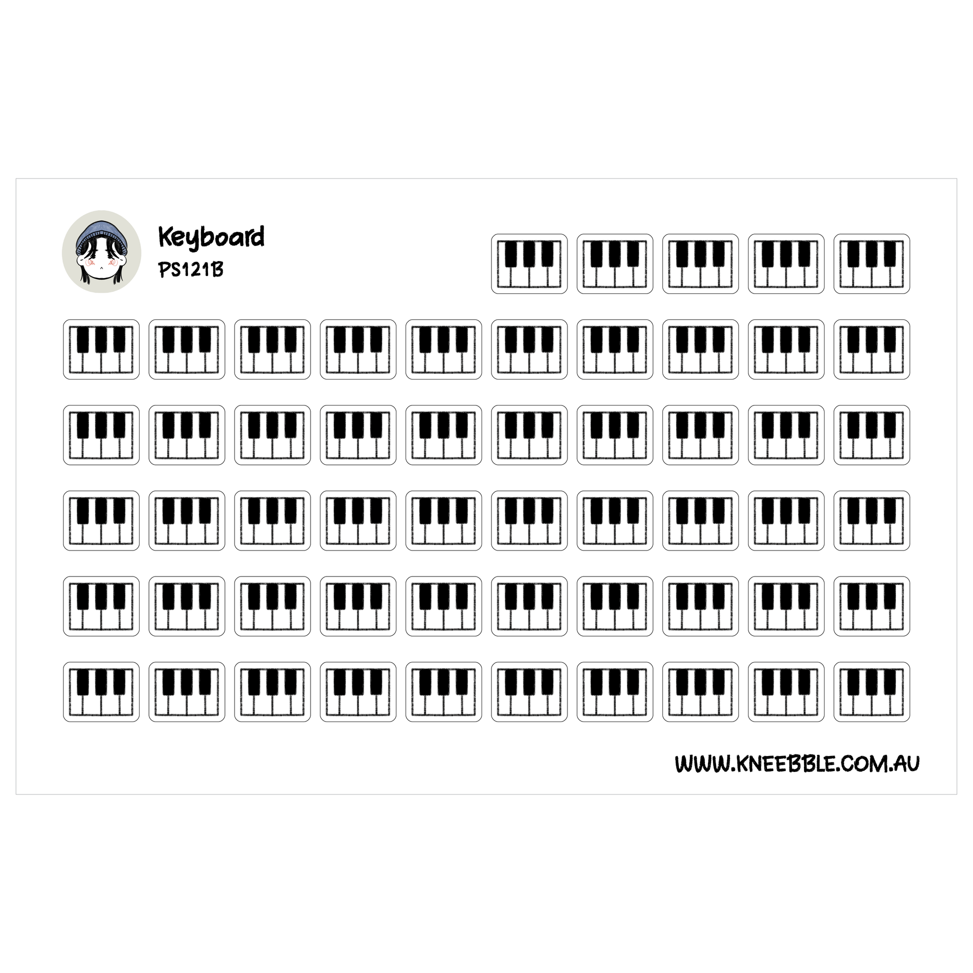 The image is a grid of black and white piano keys arranged in rows and columns, with the text "Keyboard" and "PS1218" visible above the keys.